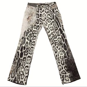 Roberto Cavalli Fall/Winter 2001 Distressed Silk Leopard Print Pants/Jeans